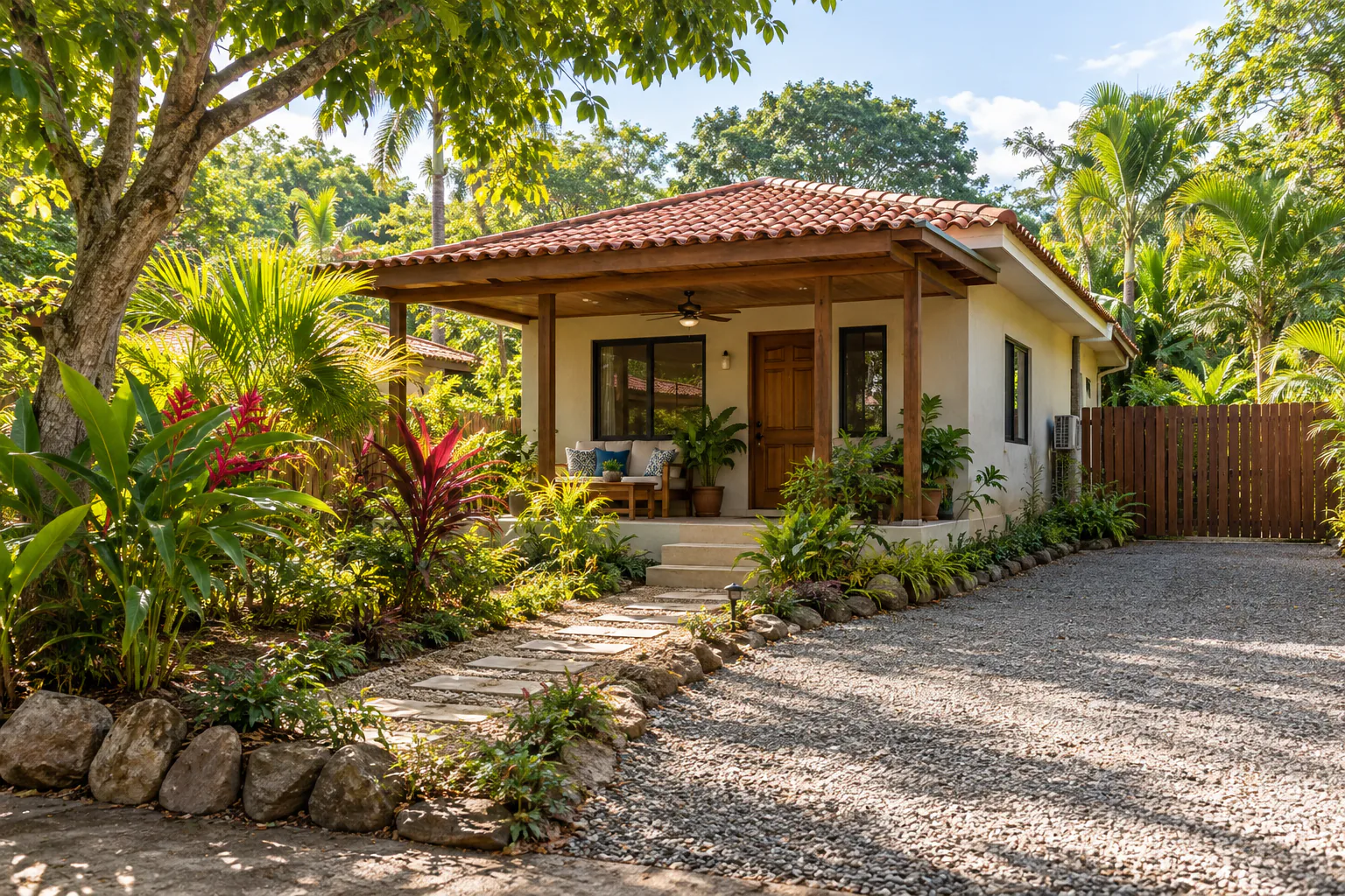 Example renovated tropical bungalow with a shaded veranda and garden in Brasilito