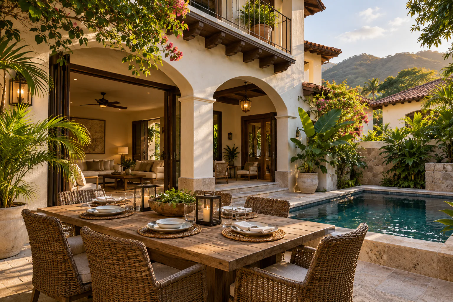 Example family villa with a courtyard dining table and plunge pool in Las Catalinas