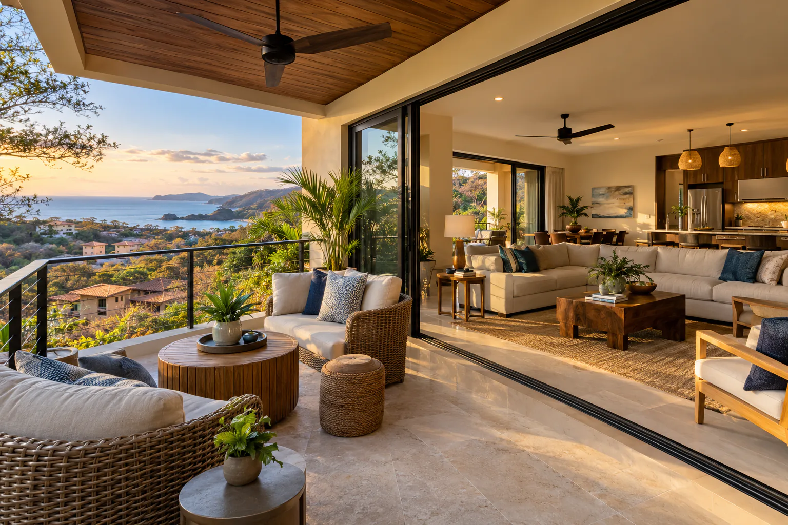 Example hillside condominium with a covered balcony and coastal view near Playa Flamingo