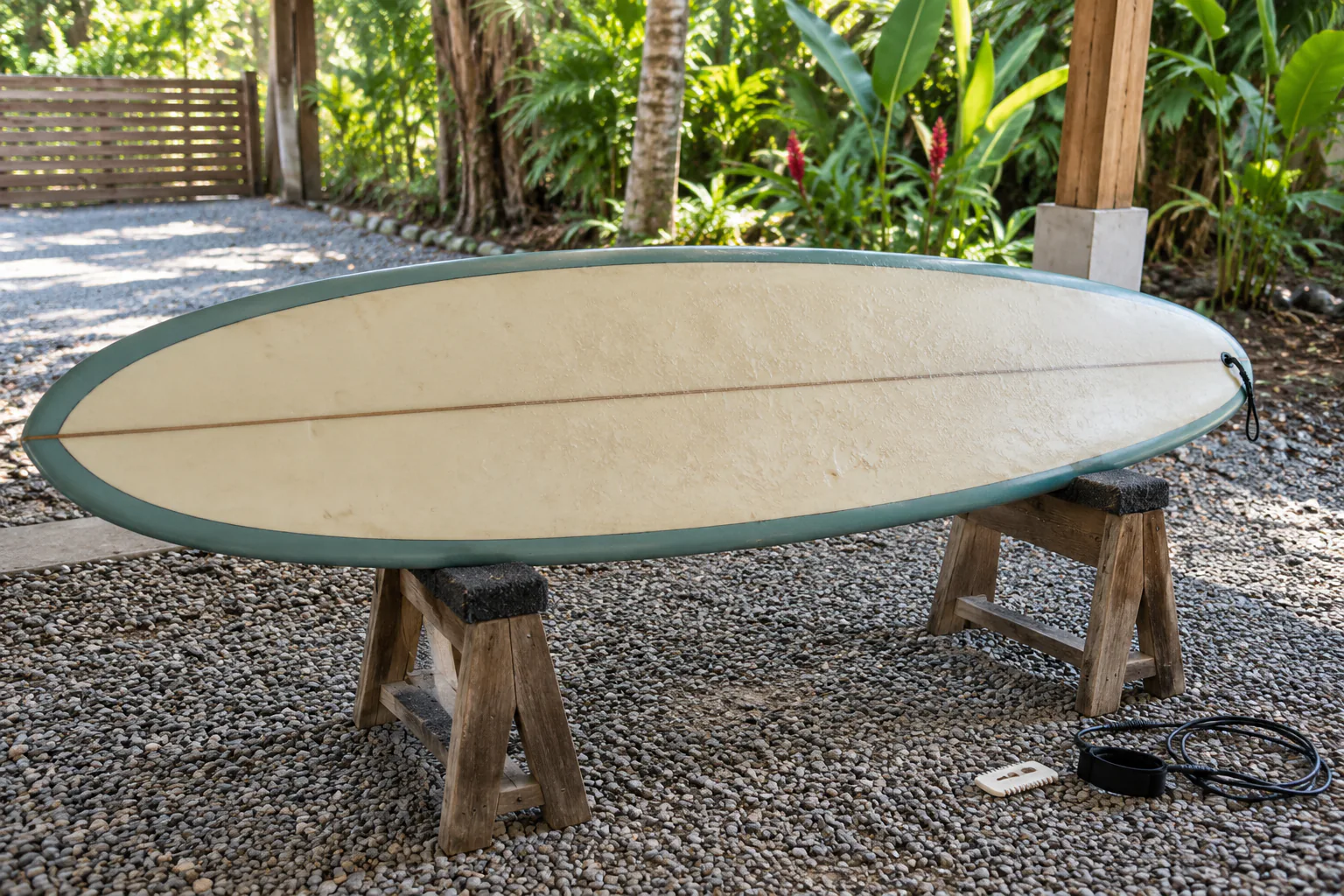 Example used seven-foot surfboard with leash on wooden stands near Playa Grande