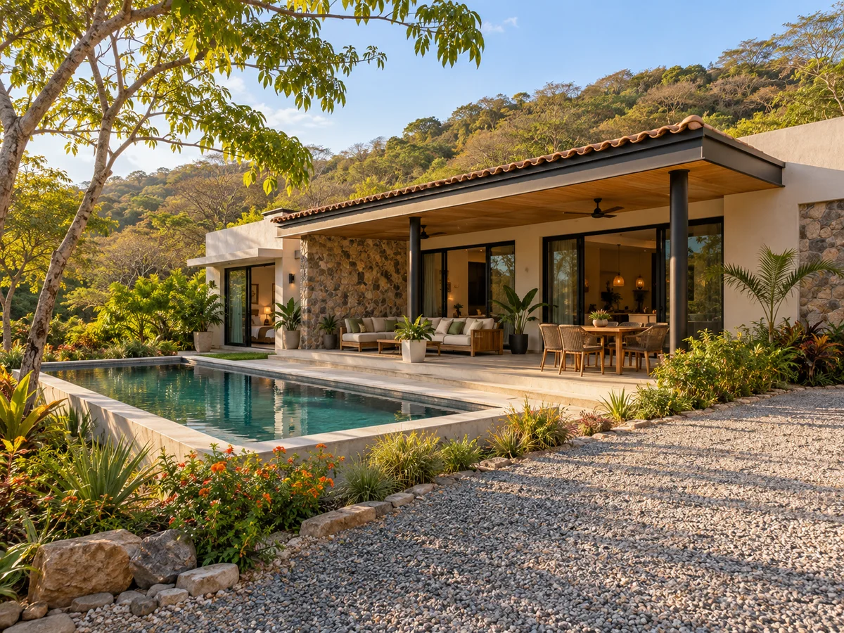 Example of a contemporary tropical home with a shaded terrace and pool