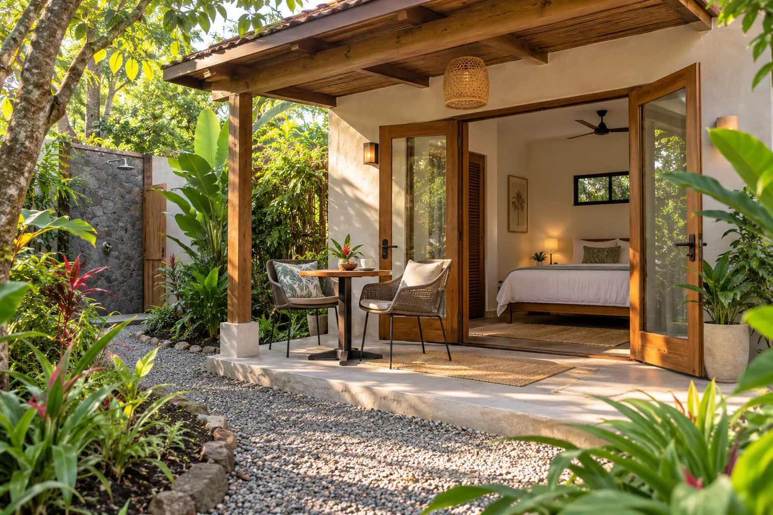 Example one-bedroom garden casita with a private breakfast patio in Playa Potrero