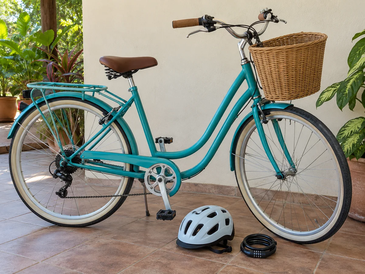 Example teal step-through bicycle with basket, helmet and lock