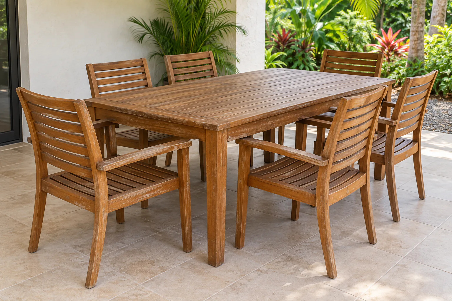 Example used outdoor wood dining table with six chairs on a shaded Surfside terrace