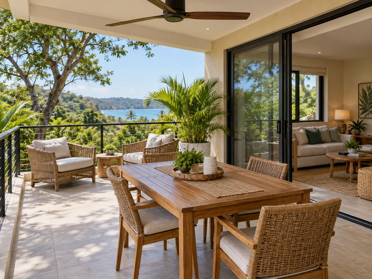 Example vacation apartment terrace with dining space and a view through tropical trees