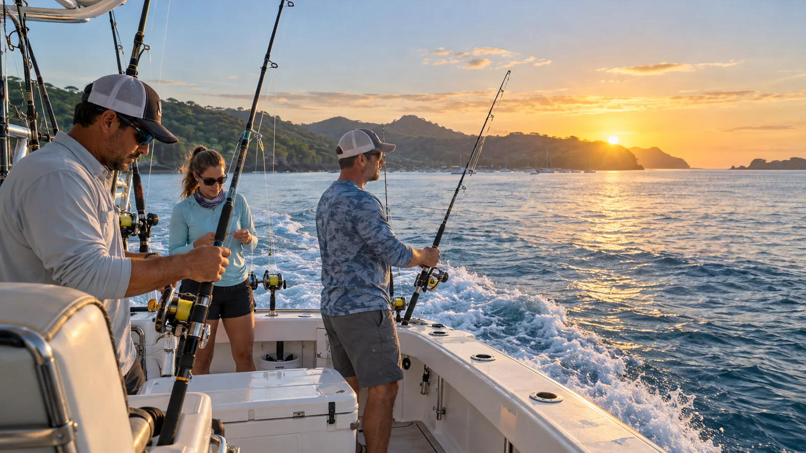 Sportfishing boat leaving the Guanacaste coast at sunrise